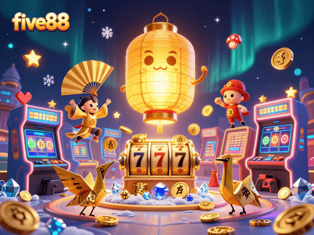 Experience the excitement of five88 with a dynamic casino illustration featuring a glowing lantern spirit and colorful game elements.