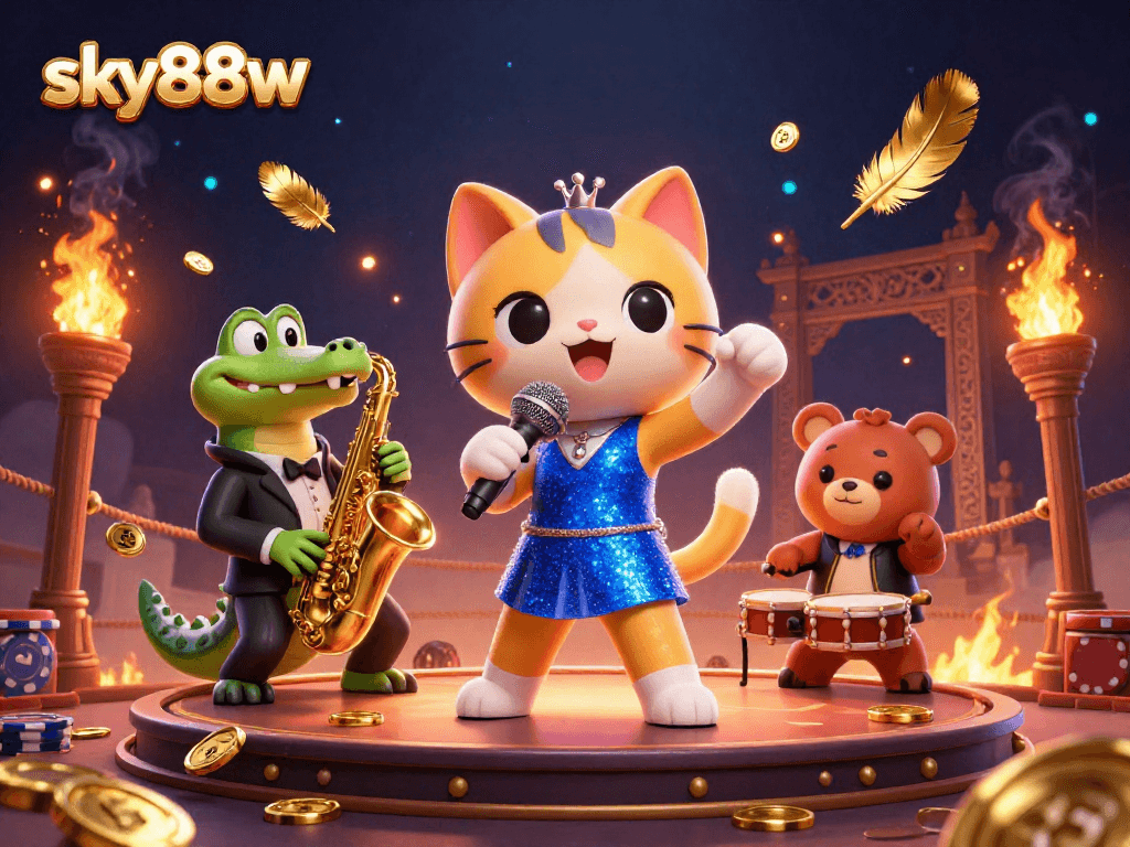 Sky88w reveals vibrant casino scene with a singing cat, musical crocodile, and drumming bear, immersed in gaming elements.