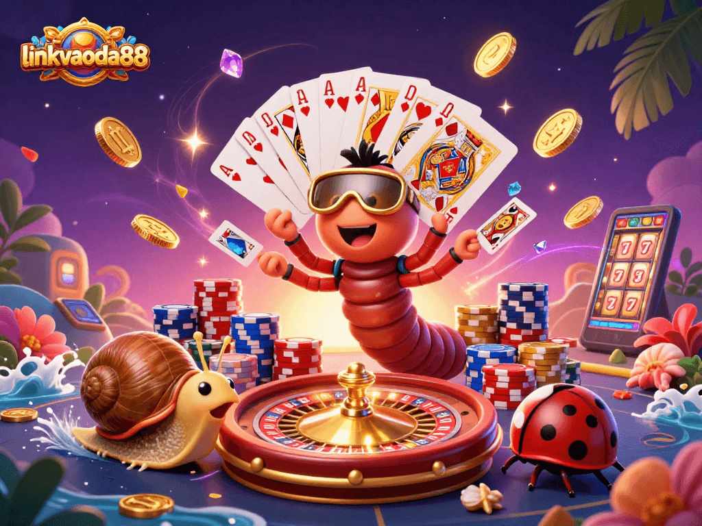 Join the fun at linkvaoda88 with our animated casino characters celebrating a royal flush.
