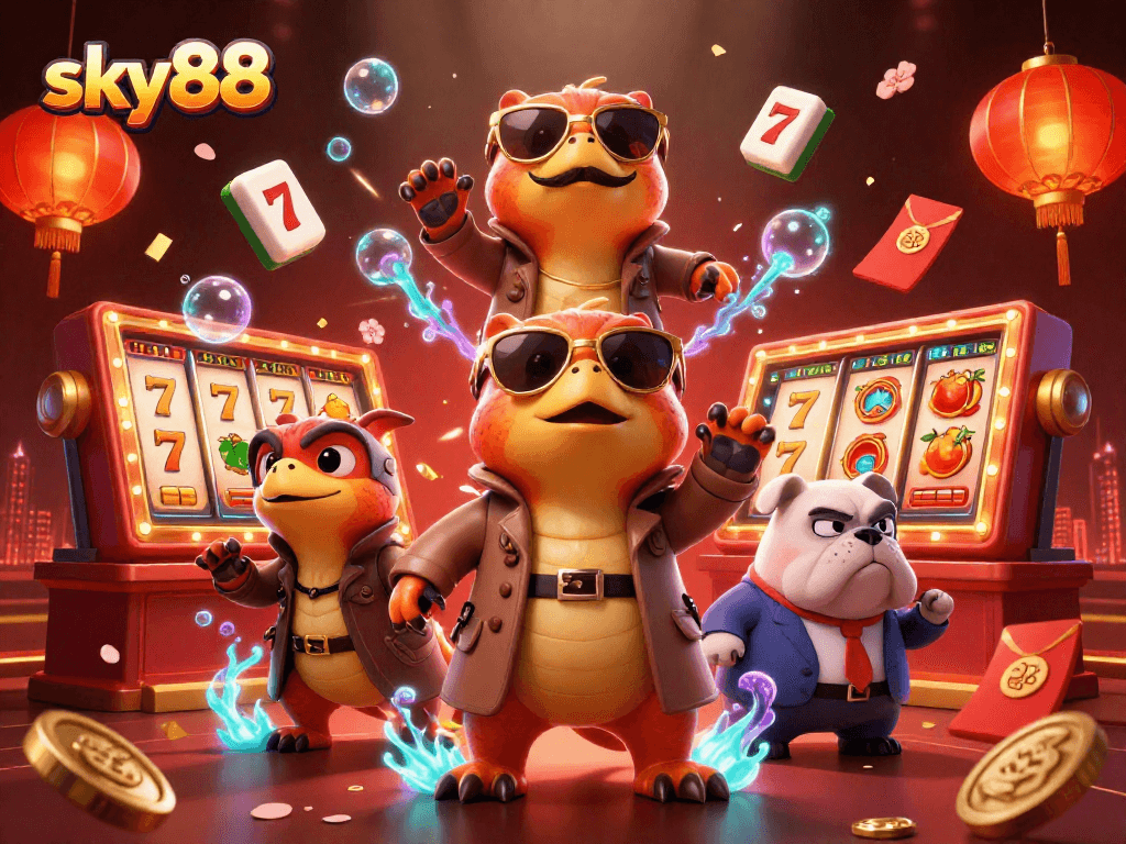 Experience thrilling slots action at sky88, where raptors and fun collide in a vibrant casino scene.
