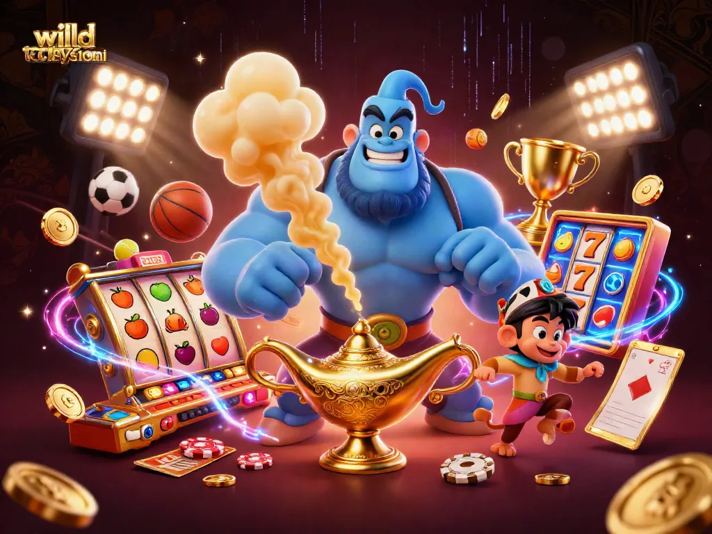 Play at Wild Tokyo Casino: vibrant 3D illustration showcasing energetic gameplay with slots and sports elements
