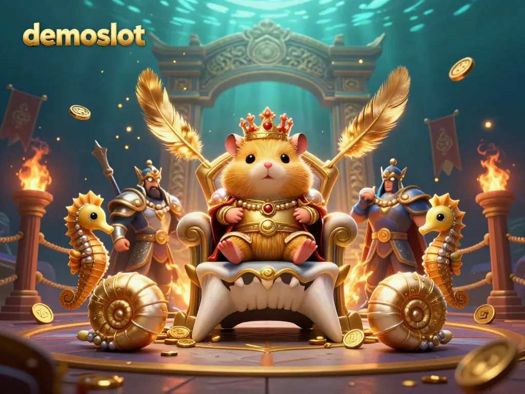 Engage with demoslot as the golden hamster king rules from a megalodon throne, surrounded by royal seahorse guards and vibrant casino elements.