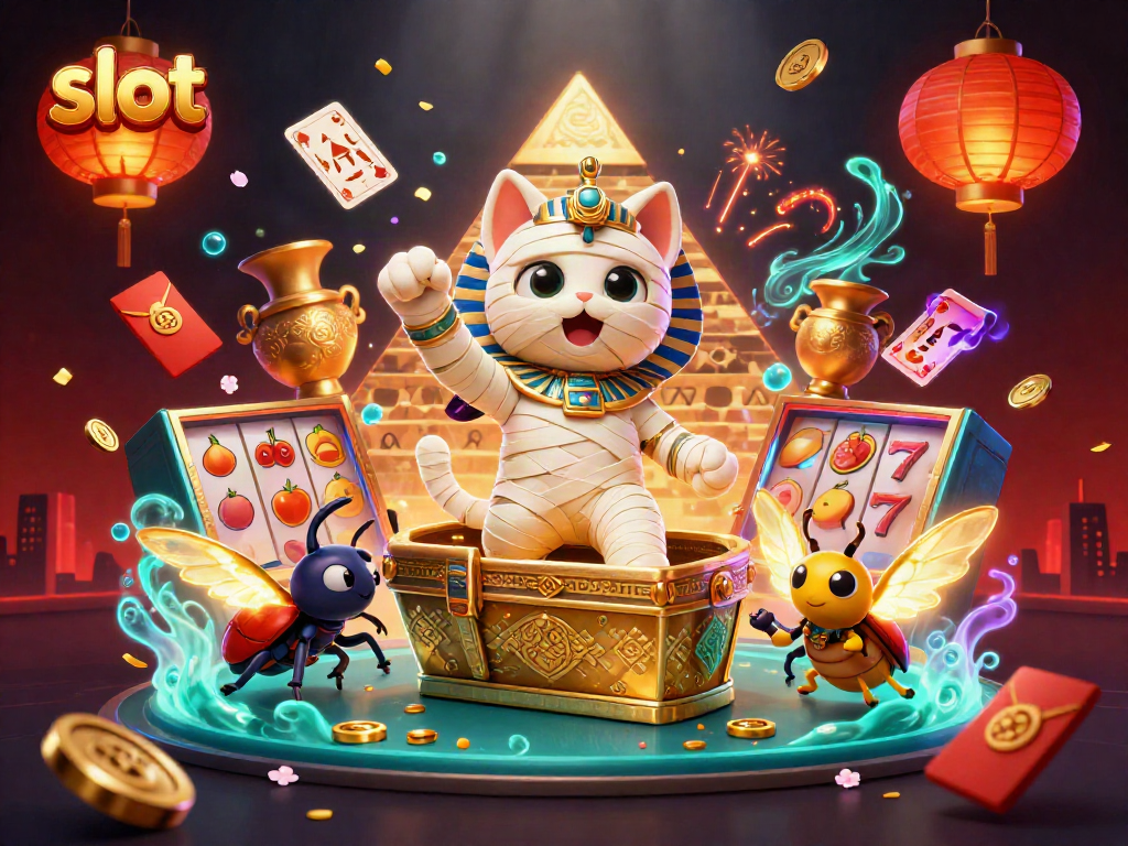 Play slot games with an Egyptian mummy cat and lucky symbols in a vibrant casino.