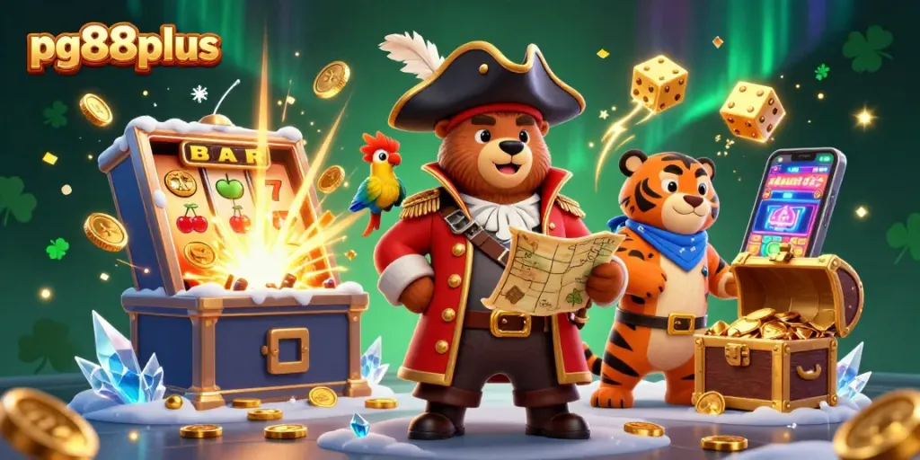 Spin the reels with pg88plus as pirate characters celebrate massive slot jackpots in a vibrant casino scene.