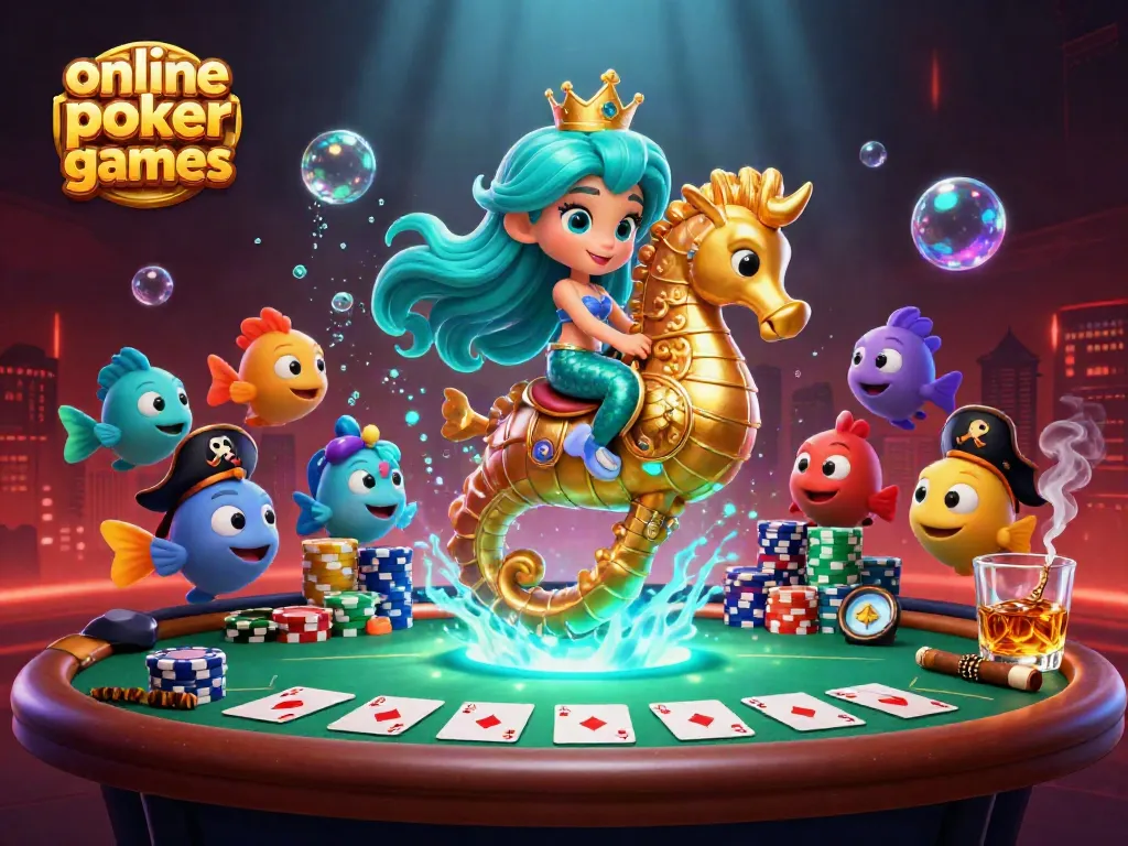 Compete in thrilling online poker games with a magical underwater scene featuring a mermaid princess and poker elements.
