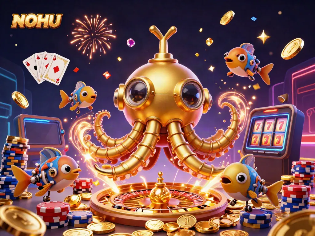 Engage with NOHU's golden kraken submarine emerging from coins in a dynamic casino scene.