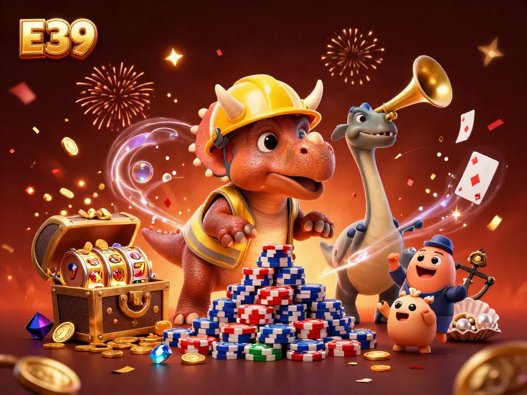 Experience the excitement of E39 with vibrant casino-themed characters in a gaming celebration scene.