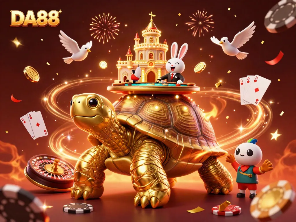 Experience thrilling gameplay at DA88 with a vibrant casino scene featuring poker elements and golden coins.