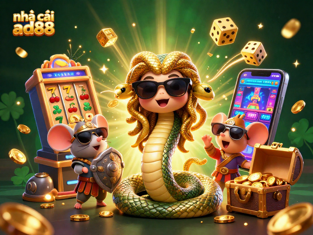 Engage with nhà cái ad88 through exciting 3D digital casino games featuring vibrant slot machines and animated characters.