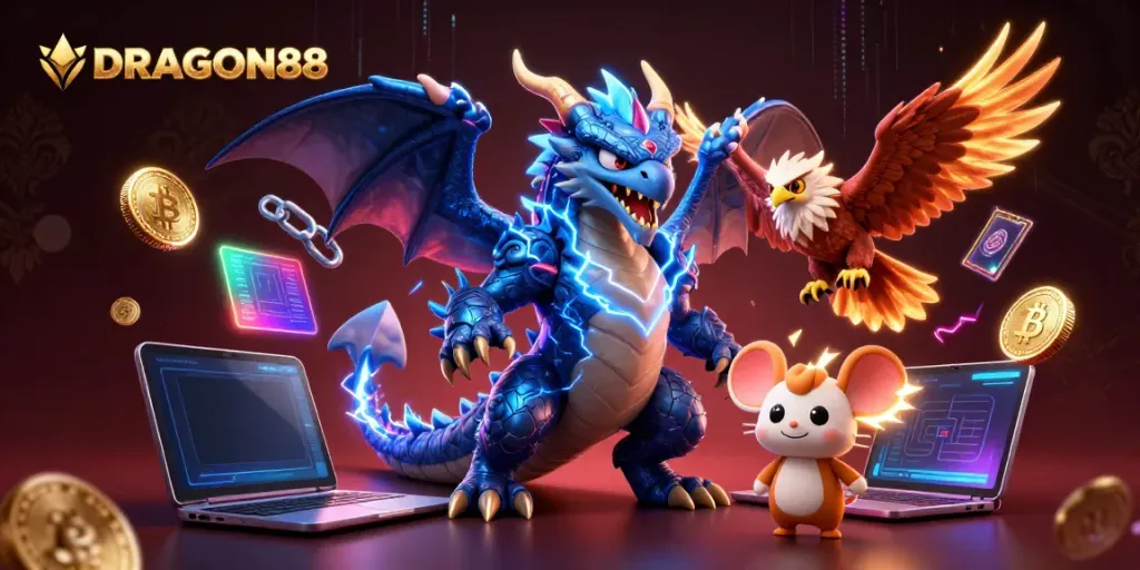 Engage with DRAGON88's thrilling gaming experience featuring electric dragons and vibrant crypto elements.