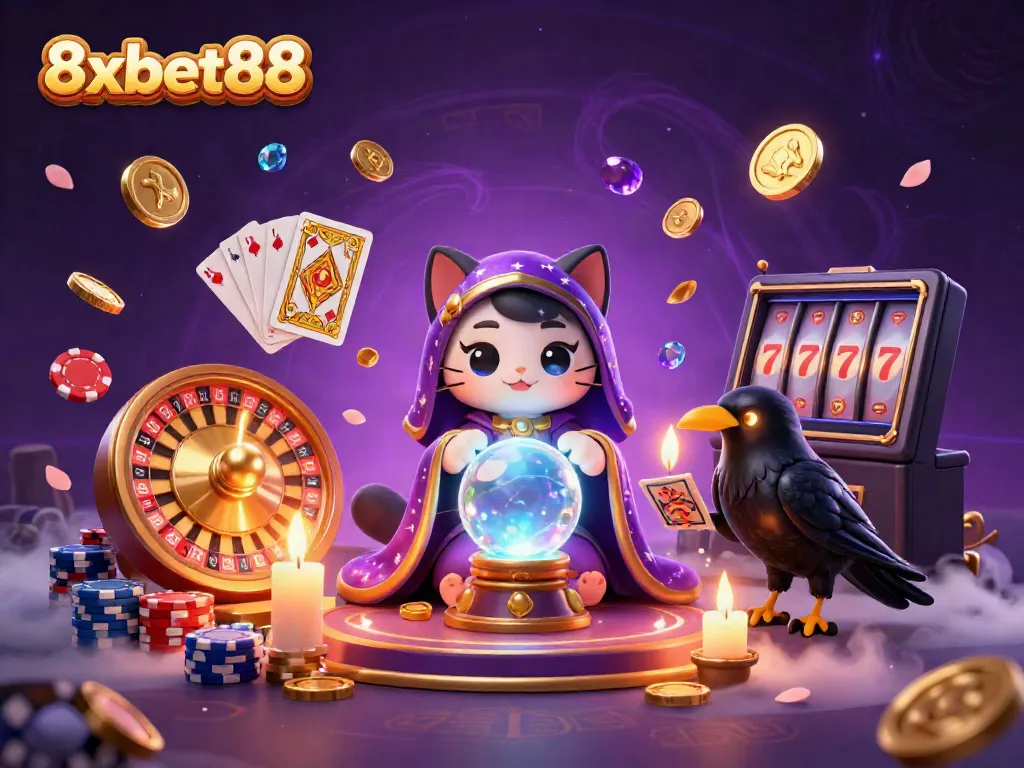 Experience thrilling wins at 8xbet88 with mystical characters, golden coins, and vibrant casino elements.