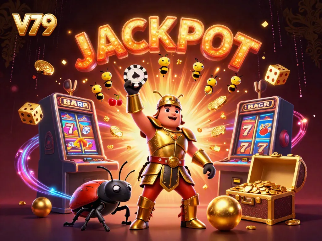 V79 showcases a winning scene with a beetle championing a jackpot at a lively casino setting.
