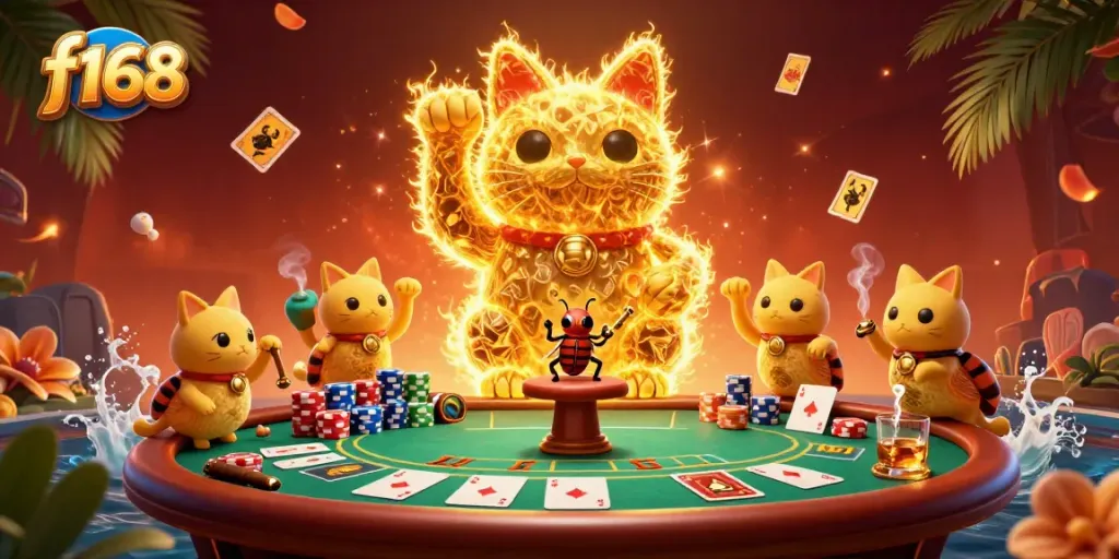 Experience thrilling action at f168 as golden fireflies form a lucky cat amidst vibrant casino elements.