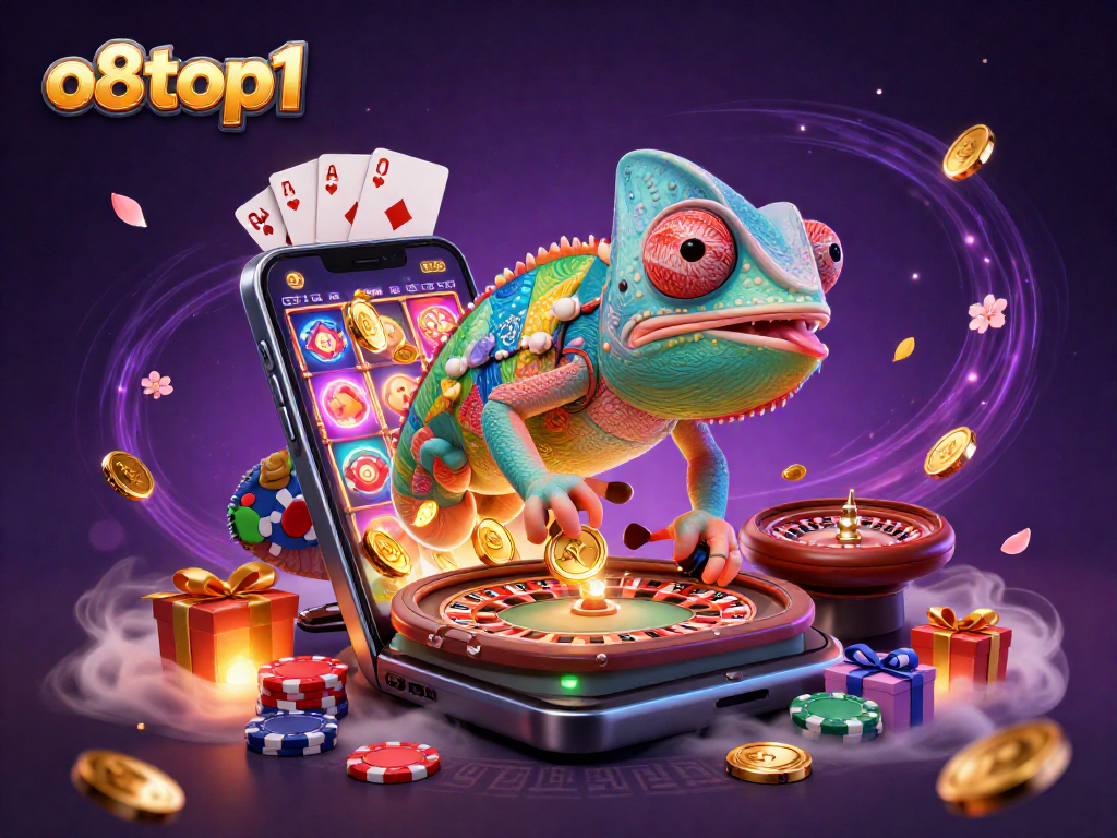o8top1 showcases a vibrant chameleon casino owner amidst dynamic game elements for players