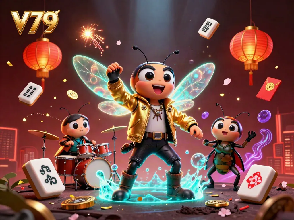Experience the vibrant V79 online casino scene with dynamic 3D characters and festive elements in a colorful illustration.