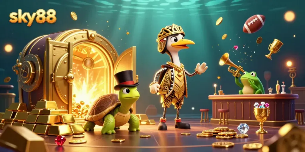 Engage in thrilling gameplay at sky88, featuring vibrant casino elements and captivating characters.