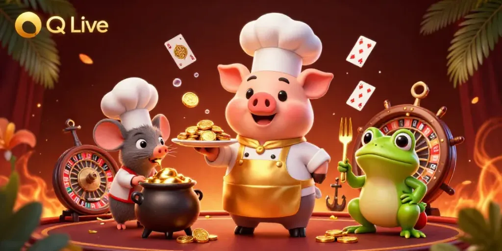 Engage with QQ Live in this vibrant casino scene featuring a chef pig, melting gold, and playful characters.