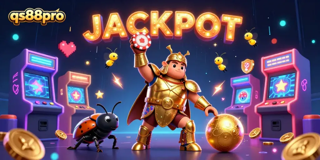 Experience big wins at qs88pro with a vibrant casino-themed digital illustration showcasing gaming excitement.