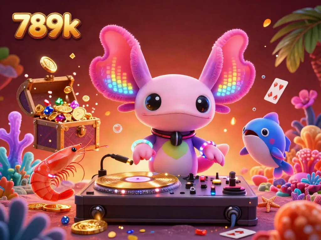 Engage in thrilling underwater adventures at 789k with a neon axolotl DJ and vibrant sea creatures.