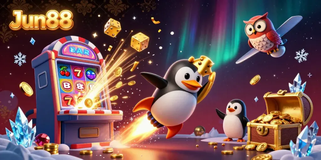 Experience thrilling wins with Jun88's vibrant casino universe illustrated in a dynamic scene.