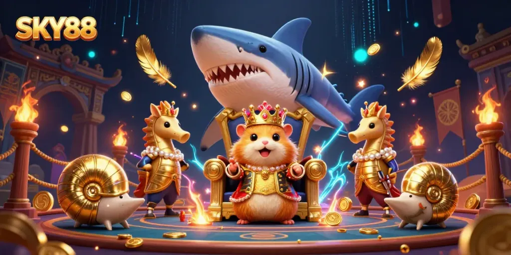 Engage with thrilling games at SKY88 featuring golden hamster king and seahorse guards amidst dynamic betting elements.