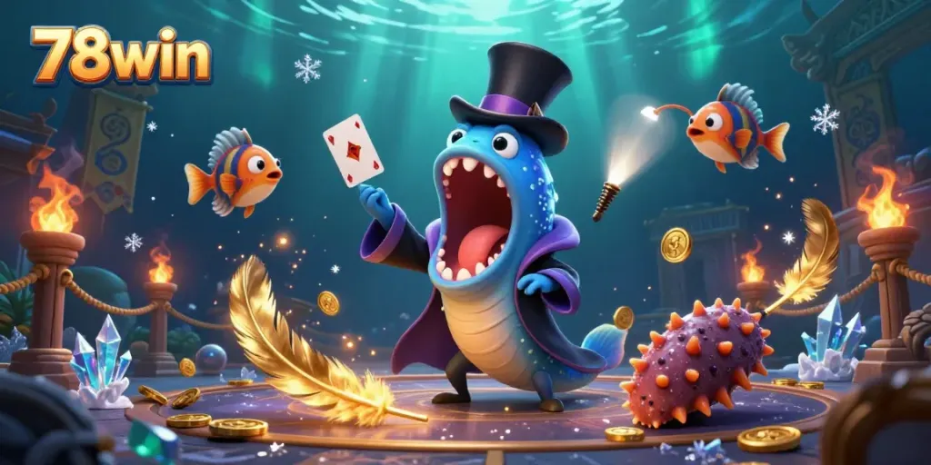 Experience the magic of 78win with a vibrant deep-sea scene featuring a bioluminescent eel performing card tricks.