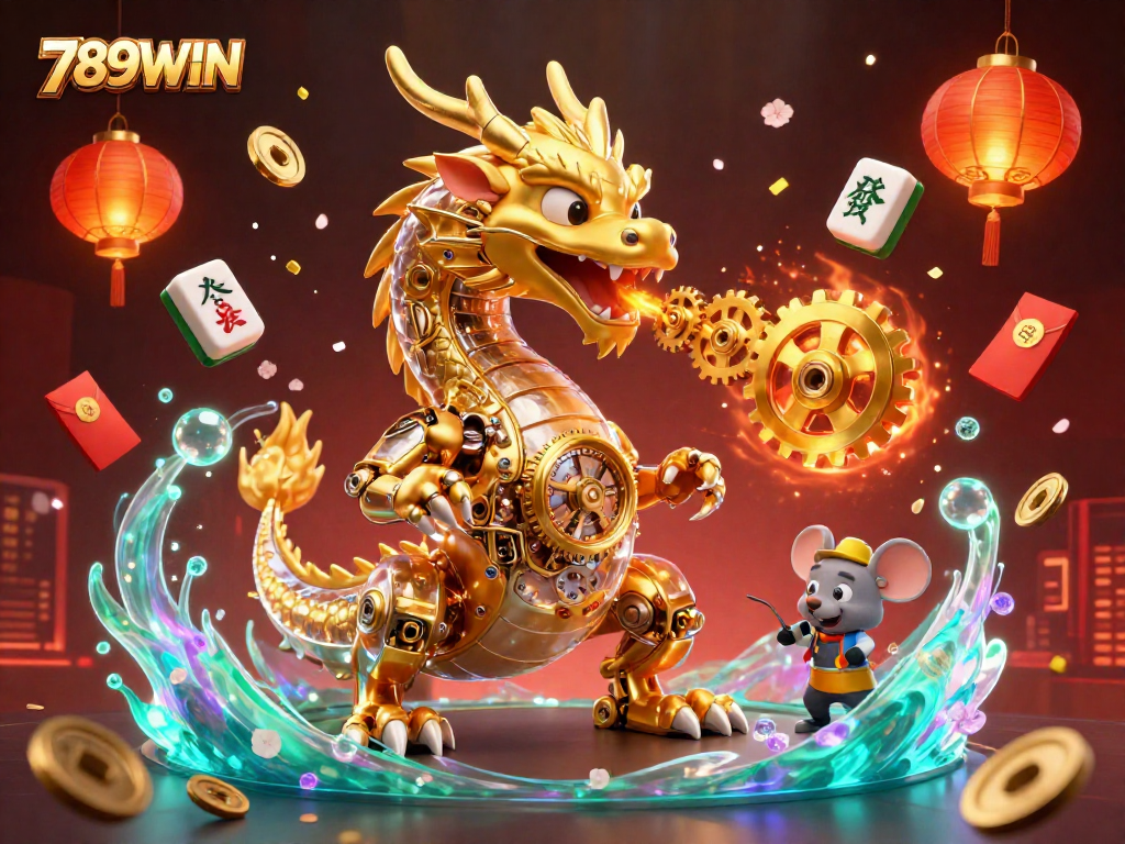 Engage with thrilling gameplay at 789WIN featuring a golden dragon, vibrant game elements amidst a festive casino atmosphere.