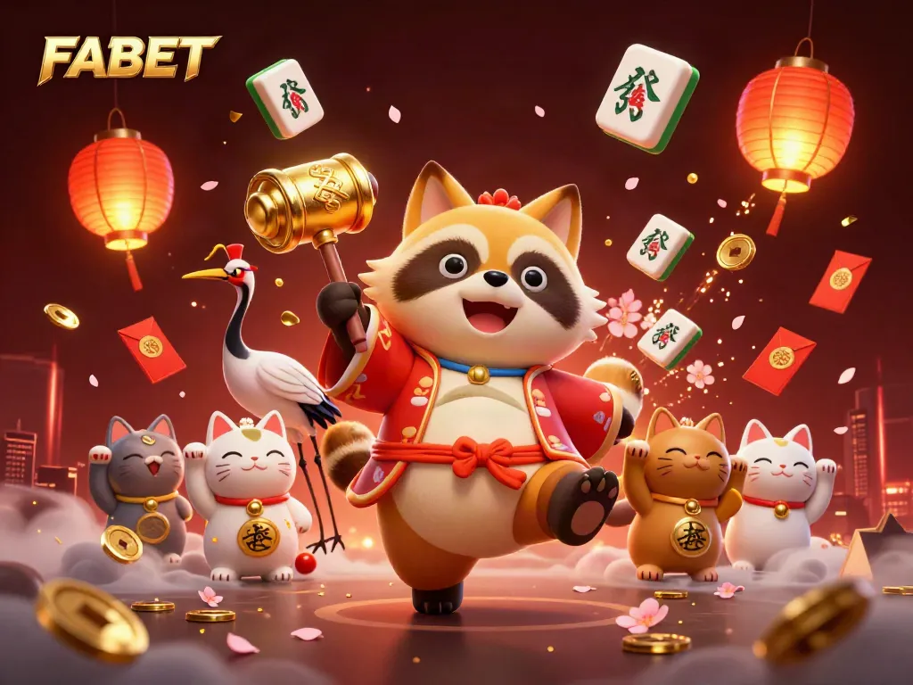 Engage with FABET, featuring a cheerful tanuki and lucky symbols in vibrant celebration of gaming.