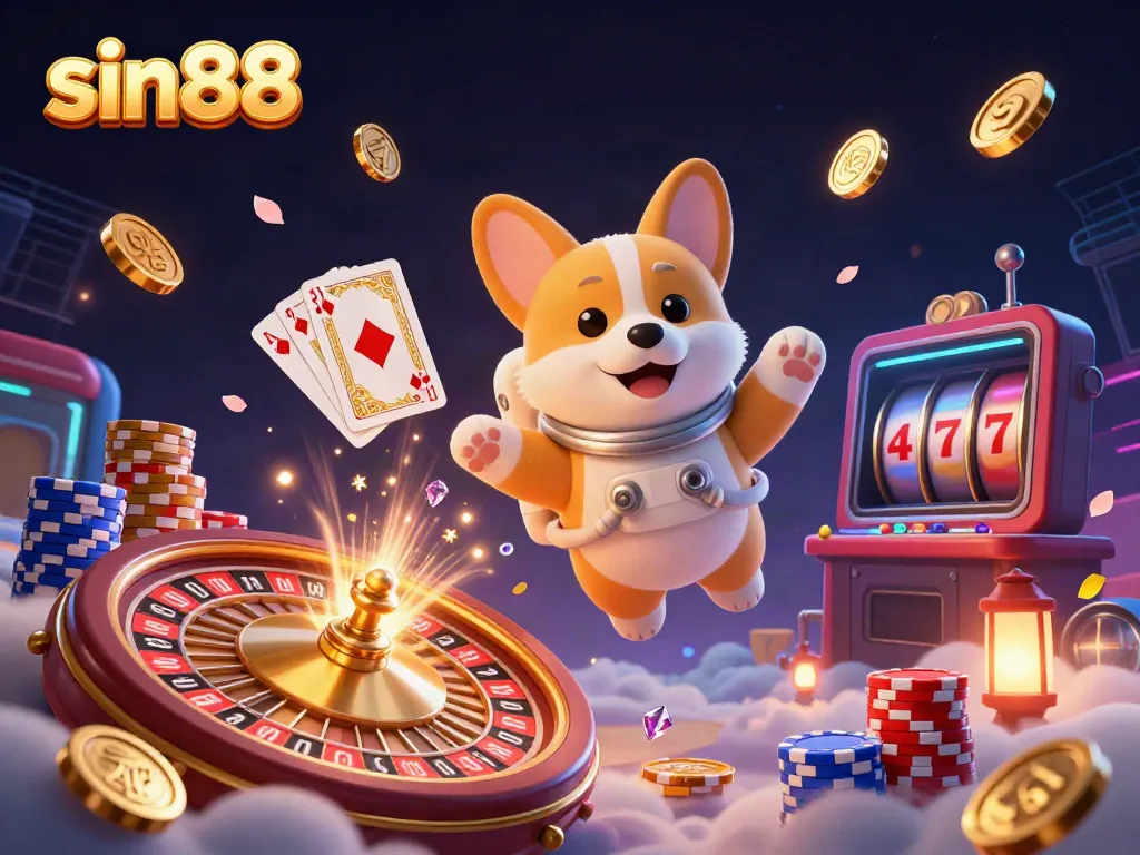 Experience thrilling gaming action at sin88 with a floating casino scene featuring an astronaut corgi and shimmering coins.