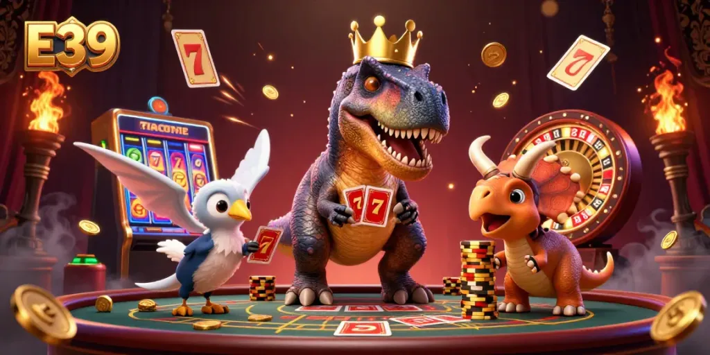Engaging T-Rex playing cards in a dazzling E39 casino scene with vibrant golden elements.