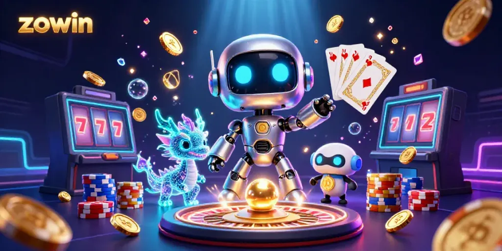 Zowin engages players with vibrant casino gaming elements in a dynamic 3D illustration.