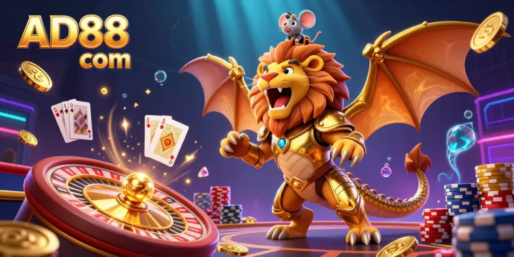 Engage in thrilling games at AD88 com with a vibrant casino scene featuring a chimera, treasures, and dynamic gaming elements.