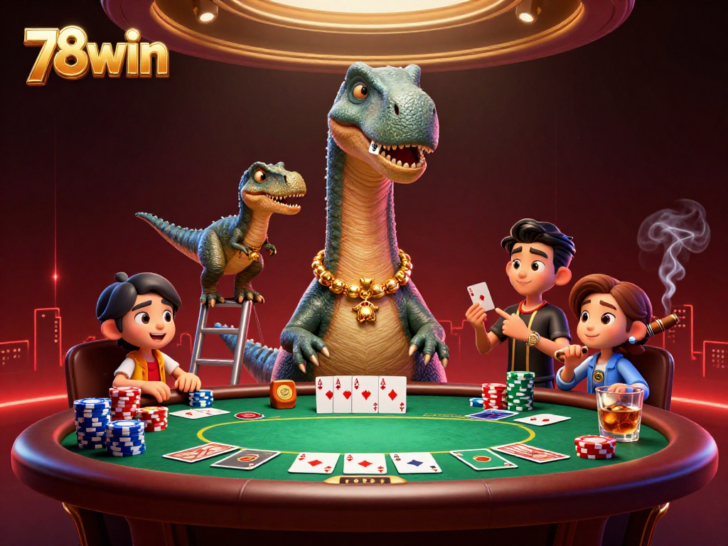 Engaging 78win illustration showing a giant brontosaurus and raptor interacting at a casino poker table.