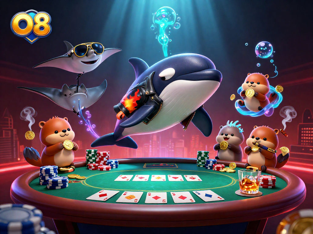Engage in thrilling poker action with O8, featuring vibrant characters in a lively underwater casino.