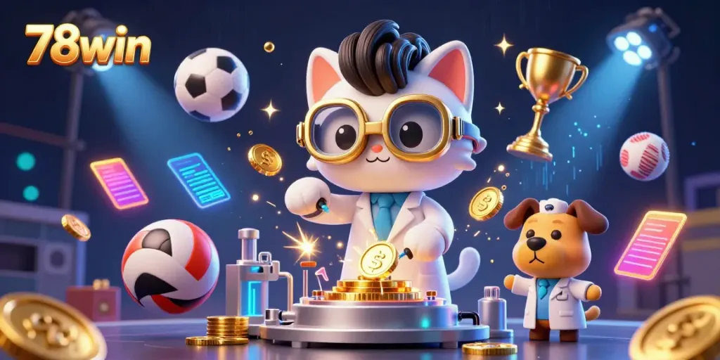 Engage in thrilling online gambling with 78win, featuring scientists in a vibrant casino environment.