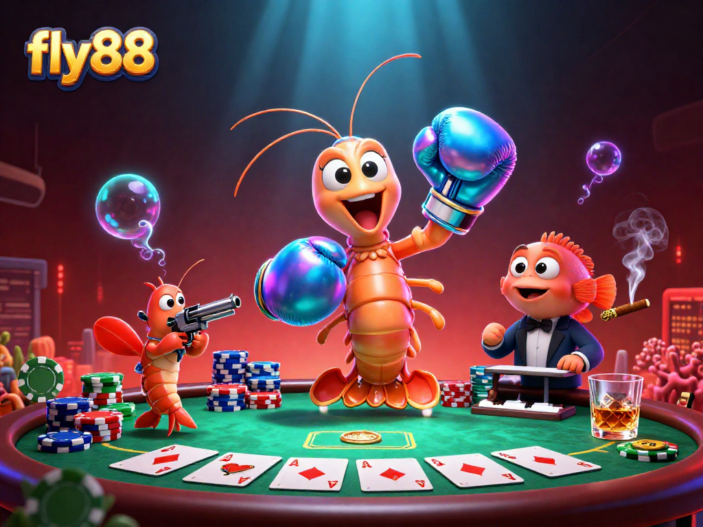 Experience thrilling poker action with fly88 in a dynamic underwater scene featuring vibrant characters and gambling elements.