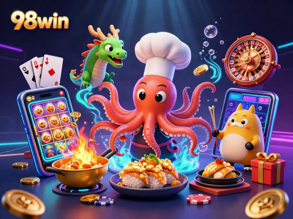 Engage in thrilling gameplay with 98win as a chef octopus prepares winning dishes amid casino elements.