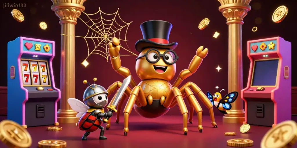 Experience jiliwin133 excitement with a golden tarantula weaving a web amid vibrant gaming elements.