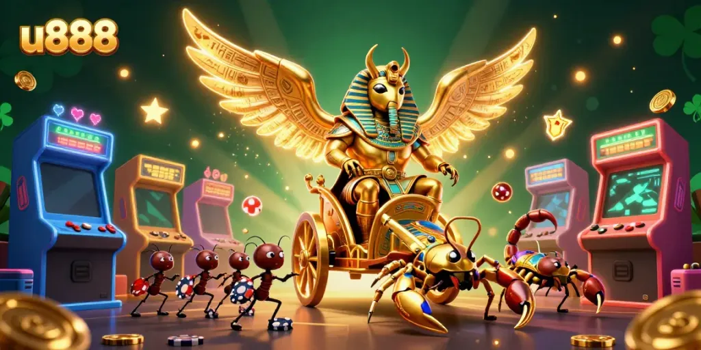 Experience thrilling casino action at u888 with a vibrant illustration of a golden scarab and gaming elements.