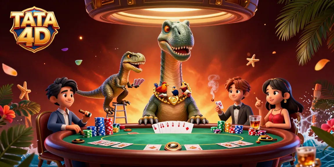Engage in gameplay at TATA 4D with a vibrant 3D casino scene featuring dynamic poker action.