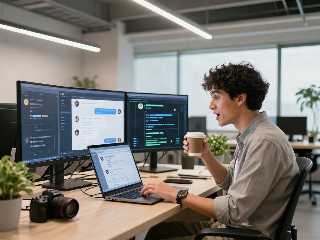 Engaging workspace showcasing a young professional using spicy chat AI on a laptop, surrounded by digital screens and a vibrant atmosphere.