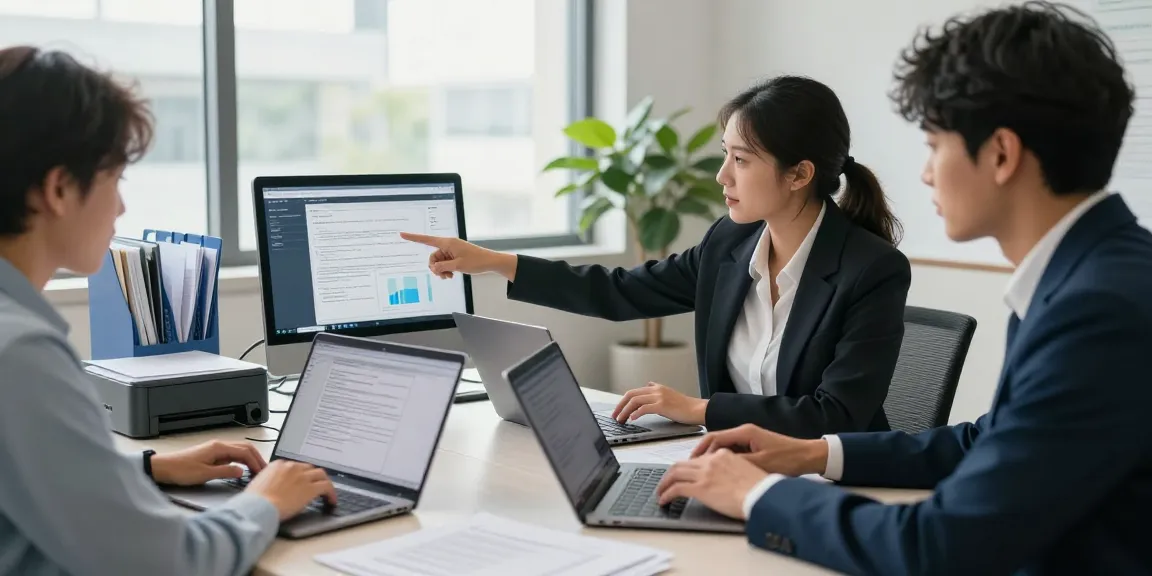 Team collaborating on document fraud detection software in a modern office