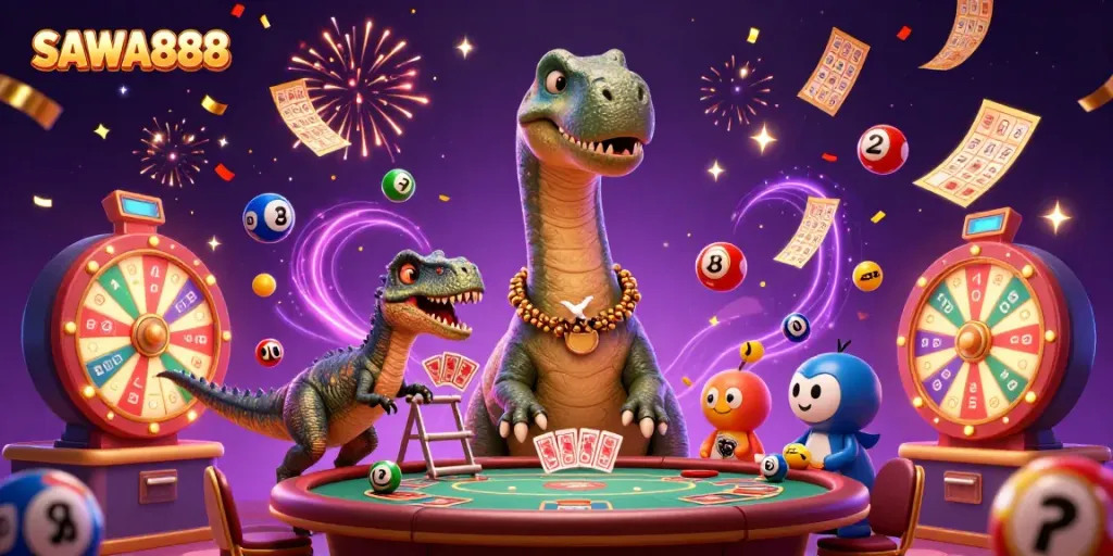SAWA888 bright and lively casino scene with a cartoon brontosaurus and raptor dealing cards.