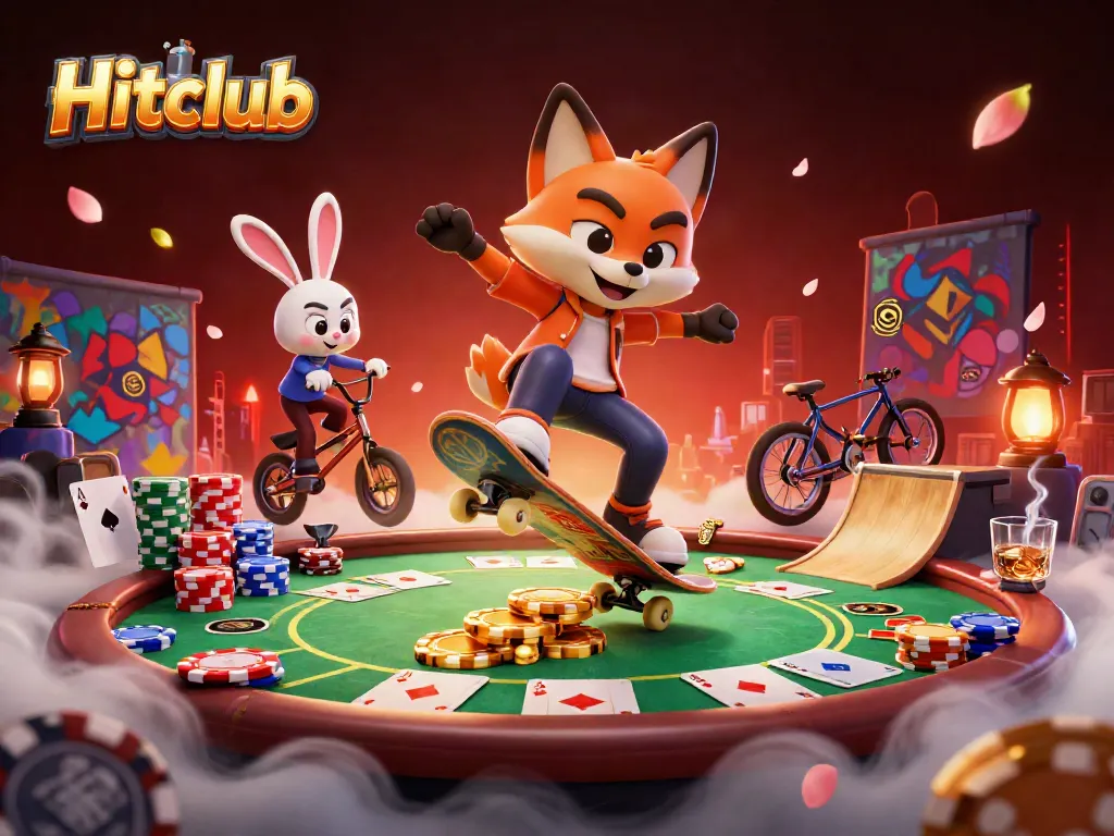 Experience the vibrant hustle of Hitclub, featuring a skateboarder fox and BMX rabbit in a lively casino setting.