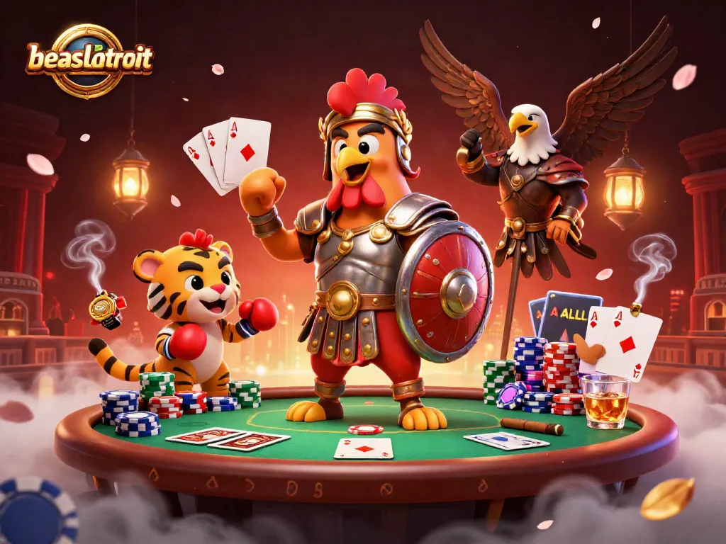 Experience thrilling gameplay with a 3D cartoon rooster and tiger cub at beasdetroit casino.