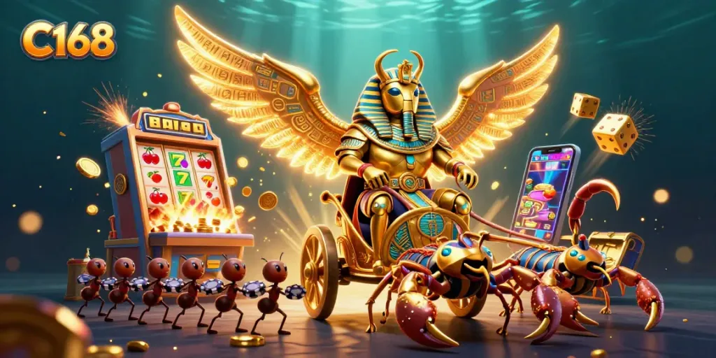 C168 interactive casino scene with a golden scarab beetle, scorpions, and jackpot elements creating excitement