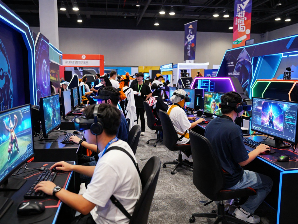 AI roleplay enthusiasts experiencing a vibrant game convention atmosphere with holographic displays and character costumes.