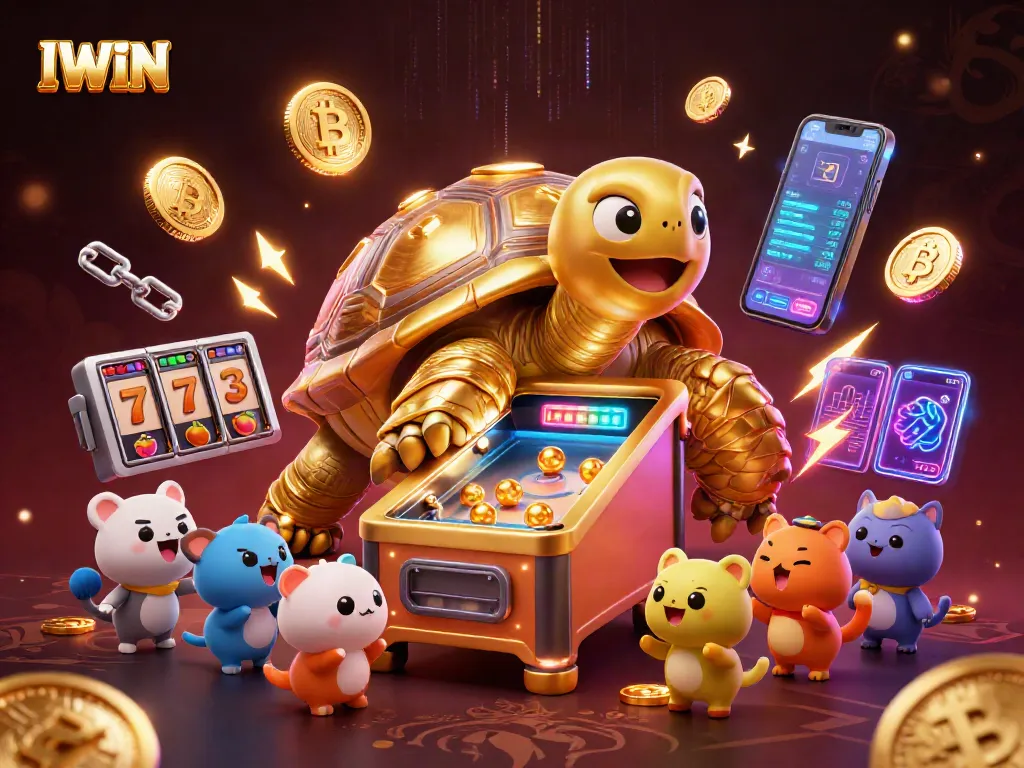 Play thrilling machines at IWIN's vibrant casino landscape featuring a pinball tortoise.