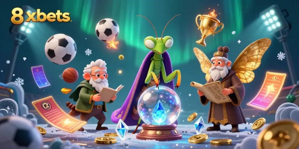 Engage with 8xbets in this vibrant 3D illustration featuring a fortune-telling mantis and a moth librarian amidst sports-themed elements.