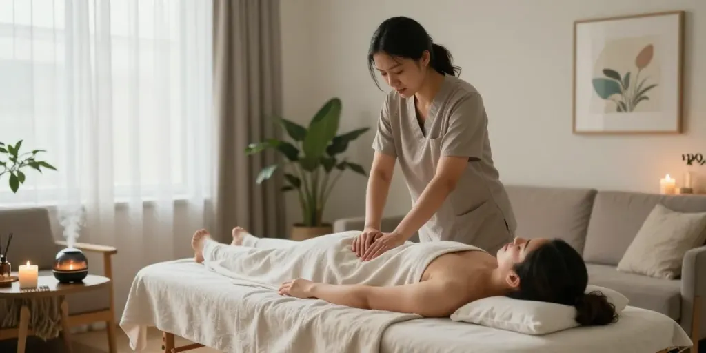 Professional therapist providing an at-home 영등포출장안마 session in a calming living room